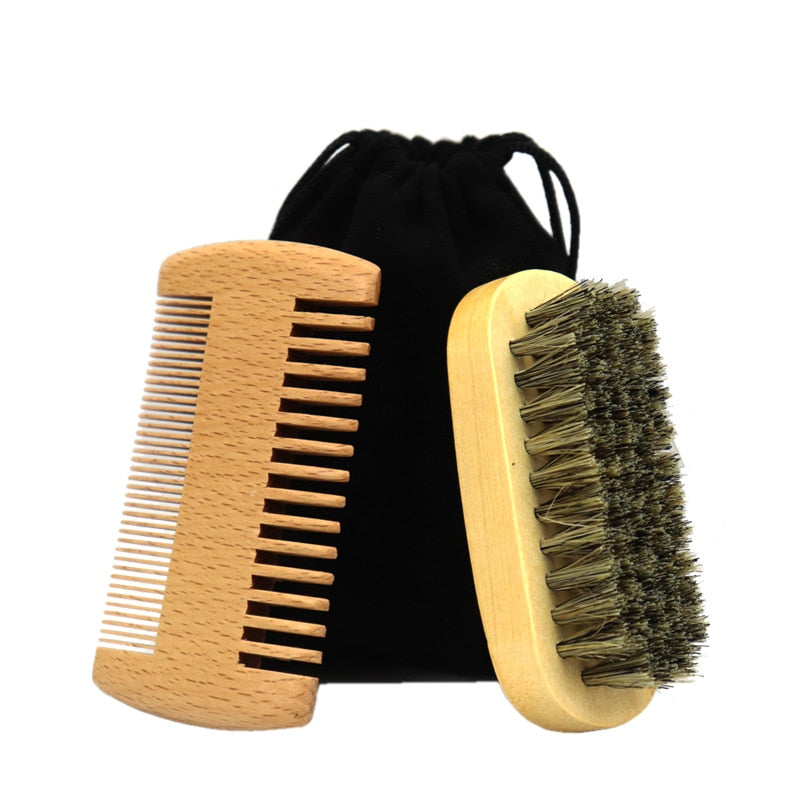 Boar Bristle Beard/ Moustache Brush And Comb Set